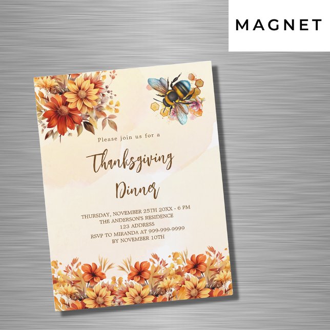 Thanksgiving dinner party orange floral bee luxury magnetic invitation (Creator Uploaded)