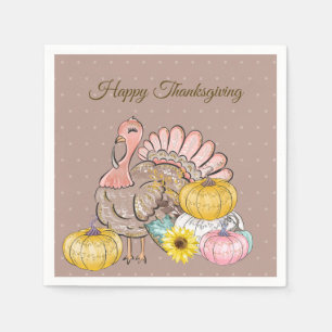 Thanksgiving Dinner Party Turkey Pumpkins Pink Tan Napkin
