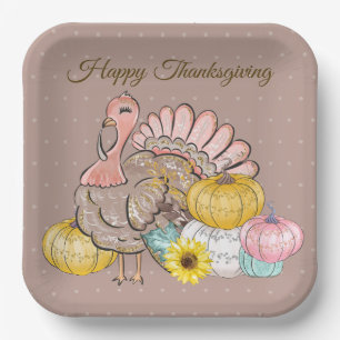 Thanksgiving Dinner Party Turkey Pumpkins Pink Tan Paper Plate
