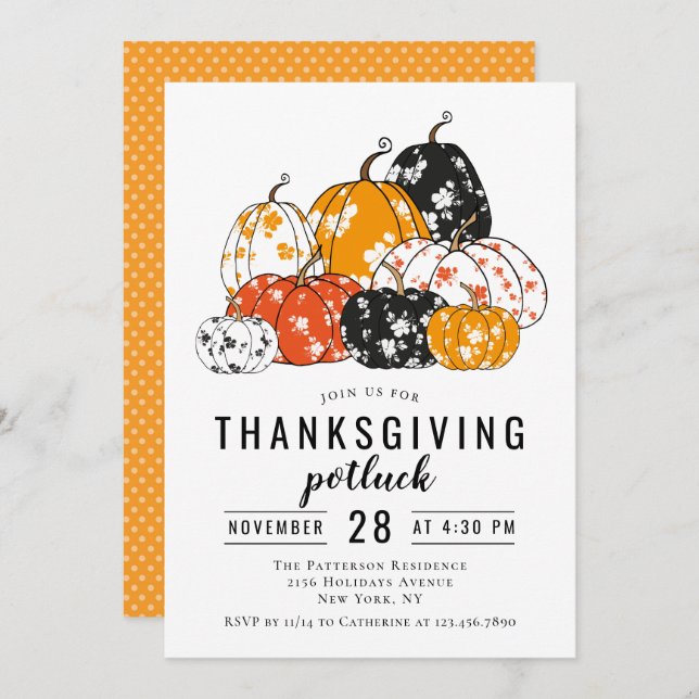 Thanksgiving Dinner Potluck Modern Floral Pumpkins Invitation (Front/Back)