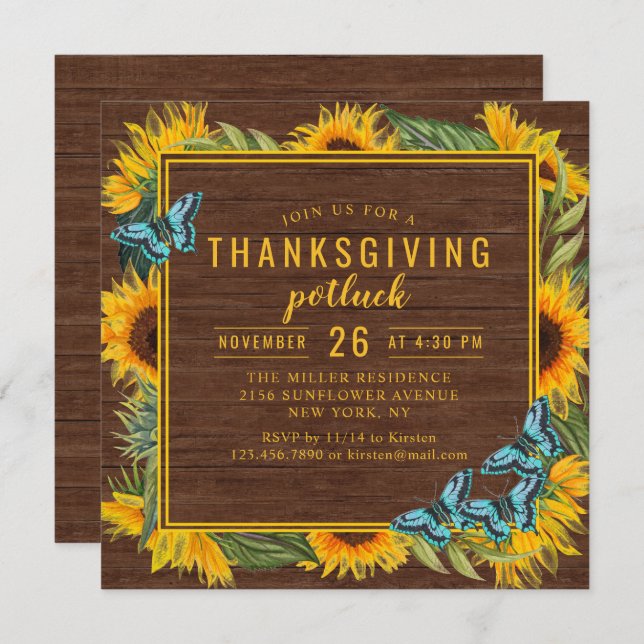 Thanksgiving Dinner Potluck Watercolor Sunflowers Invitation (Front/Back)