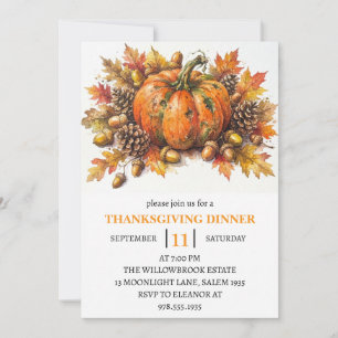 Thanksgiving Dinner Pumpkin & Autumn Leaves Invitation