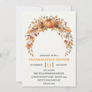 Thanksgiving Dinner Pumpkin & Autumn Leaves Invitation