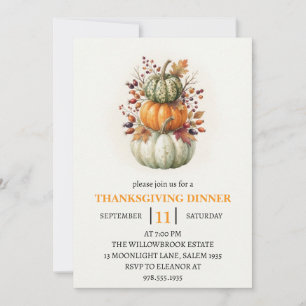 Thanksgiving Dinner Pumpkin & Autumn Leaves Invitation