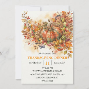 Thanksgiving Dinner Pumpkin & Autumn Leaves Invitation