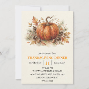 Thanksgiving Dinner Pumpkin & Autumn Leaves Invitation