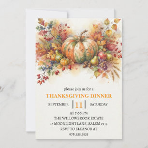 Thanksgiving Dinner Pumpkin & Autumn Leaves Invitation