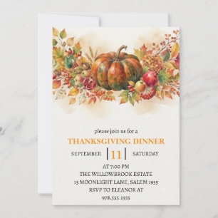 Thanksgiving Dinner Pumpkin & Autumn Leaves Invitation