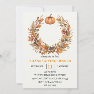 Thanksgiving Dinner Pumpkin & Autumn Leaves Invitation