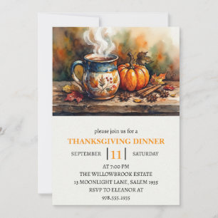 Thanksgiving Dinner Pumpkin & Autumn Leaves Invitation