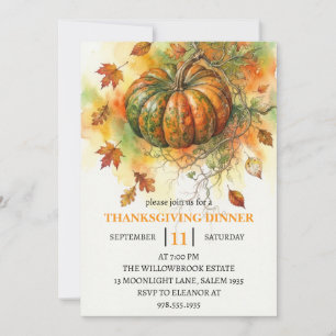 Thanksgiving Dinner Pumpkin & Autumn Leaves Invitation