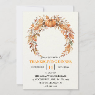 Thanksgiving Dinner Pumpkin & Autumn Leaves Invitation