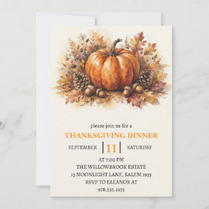 Thanksgiving Dinner Pumpkin & Autumn Leaves Invitation