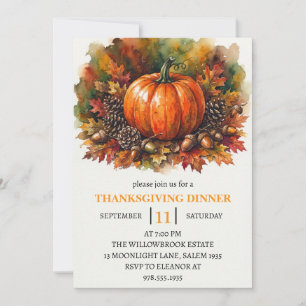 Thanksgiving Dinner Pumpkin & Autumn Leaves Invitation
