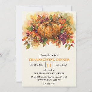 Thanksgiving Dinner Pumpkin & Autumn Leaves Invitation