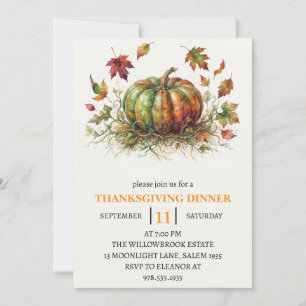 Thanksgiving Dinner Pumpkin & Autumn Leaves Invitation