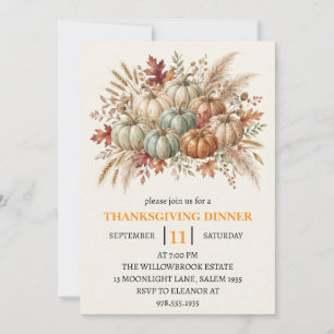 Thanksgiving Dinner Pumpkin & Autumn Leaves Invitation