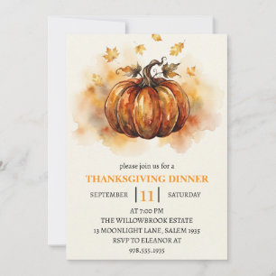 Thanksgiving Dinner Pumpkin & Autumn Leaves Invitation
