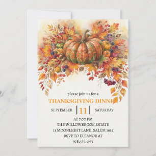 Thanksgiving Dinner Pumpkin & Autumn Leaves Invitation