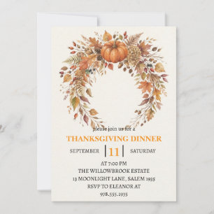 Thanksgiving Dinner Pumpkin & Autumn Leaves Invitation