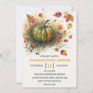 Thanksgiving Dinner Pumpkin & Autumn Leaves Invitation