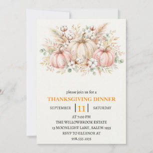 Thanksgiving Dinner Pumpkin & Autumn Leaves Invitation