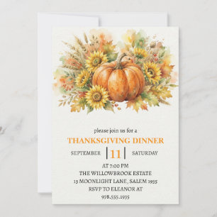 Thanksgiving Dinner Pumpkin & Autumn Leaves Invitation