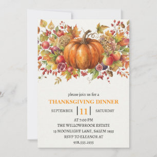 Thanksgiving Dinner Pumpkin & Autumn Leaves Invitation