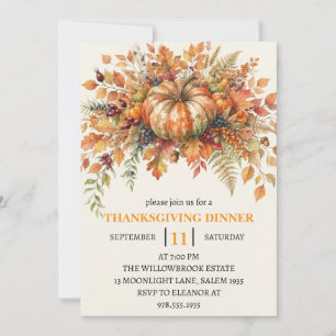 Thanksgiving Dinner Pumpkin & Autumn Leaves Invitation