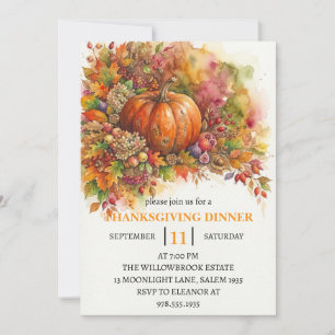 Thanksgiving Dinner Pumpkin & Autumn Leaves Invitation