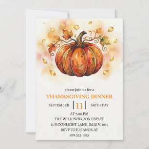 Thanksgiving Dinner Pumpkin & Autumn Leaves Invitation