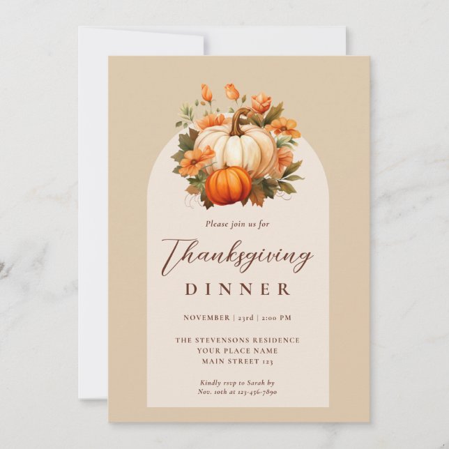 Thanksgiving Dinner Pumpkin Floral Script Arch Invitation (Front)