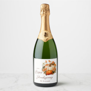 Thanksgiving Dinner Pumpkin Floral Script White Sparkling Wine Label