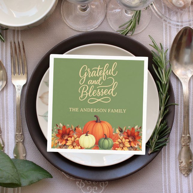 Thanksgiving dinner pumpkin green Grateful blessed Napkin (Creator Uploaded)