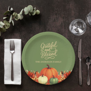 Thanksgiving dinner pumpkin green Grateful Paper Plate