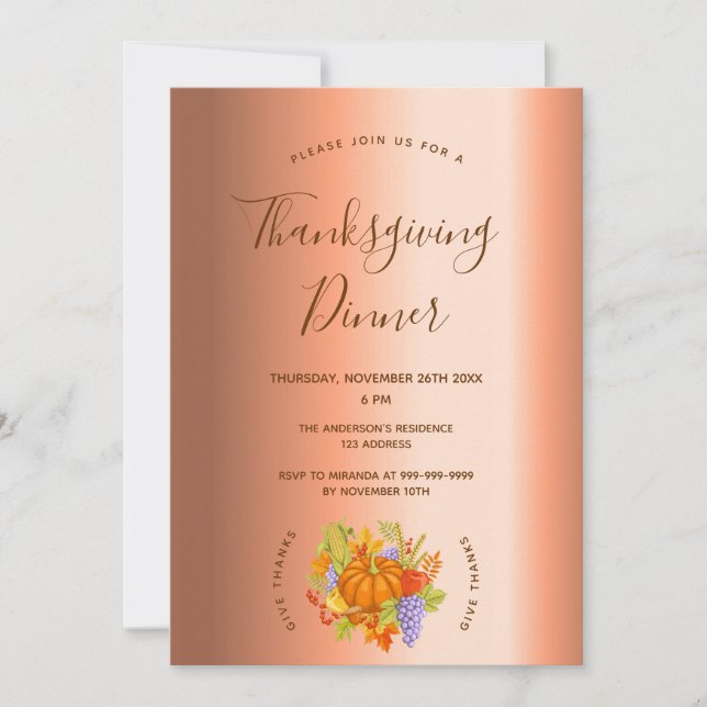 Thanksgiving dinner pumpkin harvest copper foil invitation (Front)