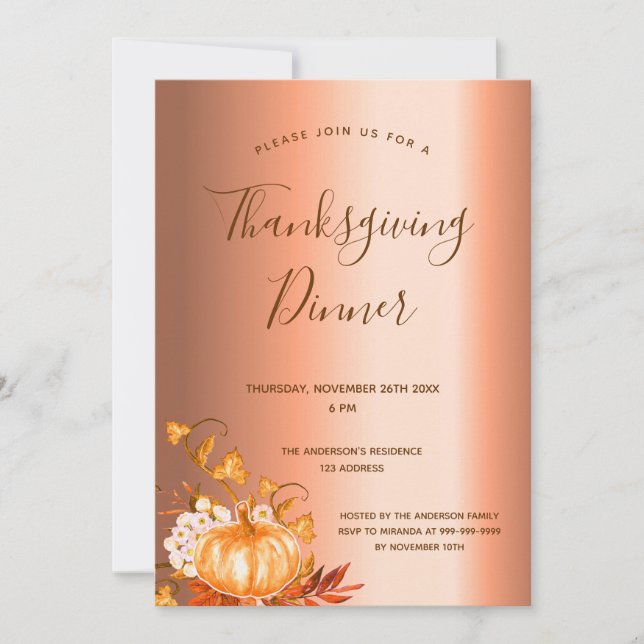 Thanksgiving dinner pumpkin harvest copper invitation (Front)