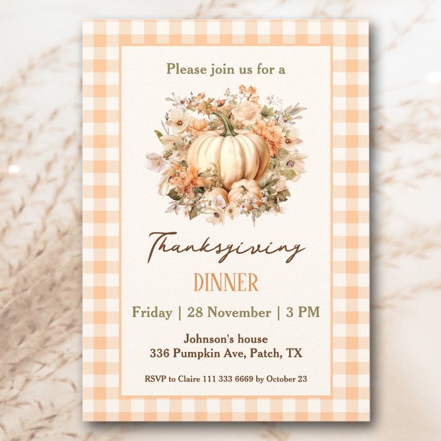 Thanksgiving Dinner Pumpkin Orange Gingham Invitation (Thanksgiving Dinner Pumpkin Orange Gingham Invitation)