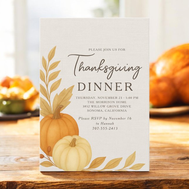 Thanksgiving Dinner Pumpkin Rustic Linen Invitation (Creator Uploaded)