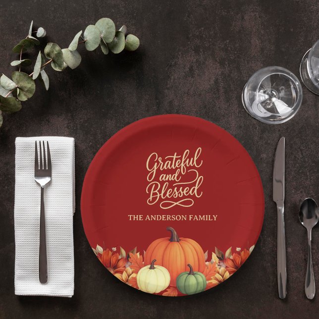 Thanksgiving dinner pumpkin terracotta Grateful Paper Plate (Creator Uploaded)