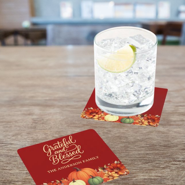 Thanksgiving dinner pumpkin terracotta Grateful Square Paper Coaster (Creator Uploaded)