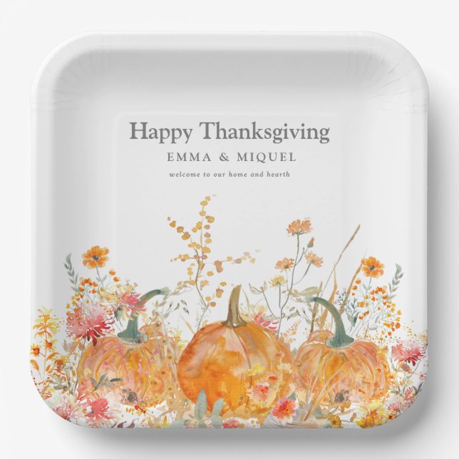 Thanksgiving Dinner Pumpkin Wildflower Modern Paper Plate (Front)