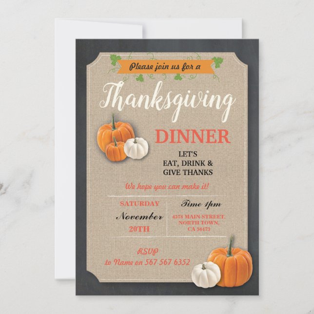 Thanksgiving Dinner Pumpkins Rustic Chalk Invite (Front)