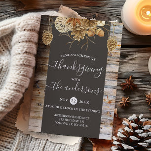 Thanksgiving Dinner Rustic Country Wood Pine Cone Invitation