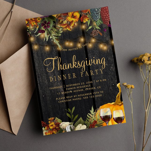 Thanksgiving dinner rustic floral wood pumpkin invitation (Creator Uploaded)