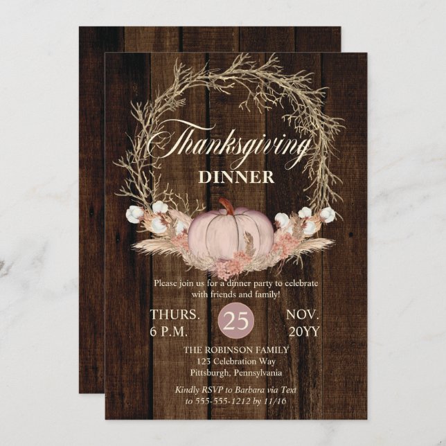 Thanksgiving Dinner Rustic Pumpkin Pampas Wreath   Invitation (Front/Back)