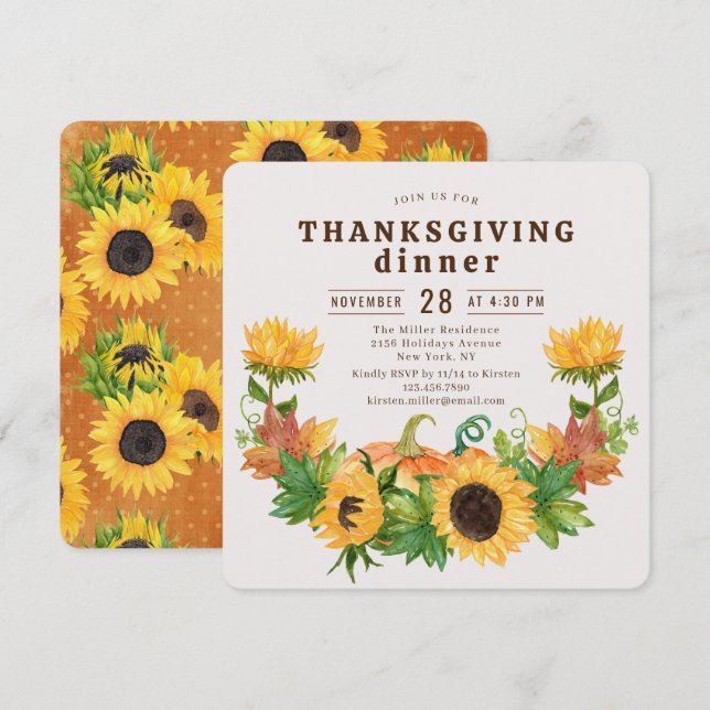 Thanksgiving Dinner Rustic Sunflower Pumpkin Invitation (Front/Back)
