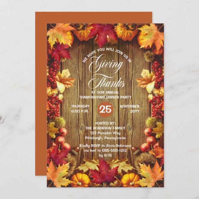 Thanksgiving Dinner - Rustic Woodsy Giving Thanks  Invitation (Front/Back)