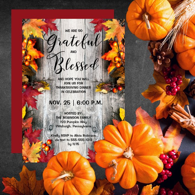 Thanksgiving Dinner-Rustic Woodsy Grateful Blessed Invitation (Thanksgiving Dinner Rustic Woodsy Wood-Look and Leaves Grateful and Blessed Invitation)