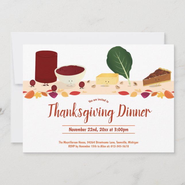 Thanksgiving Dinner Smiling Foods Cartoon Leaves Invitation (Front)
